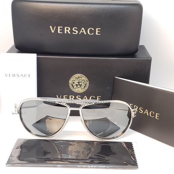 Versace Sunglasses Silver MirroredCrystals Aviator - Picture 3 of 8